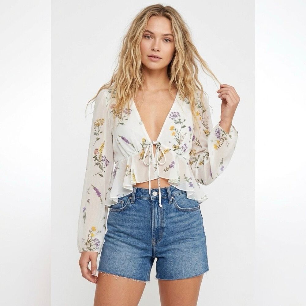 Showpo White Floral Tie Front Peplum Crop Top 4 Cottagecore Coquette Fairycore